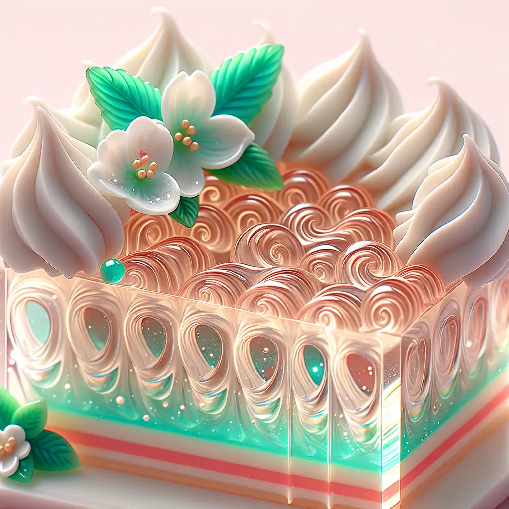 A beautifully arranged slice of swirled gelatin cake served with a touch of whipped cream and a sprig of mint.