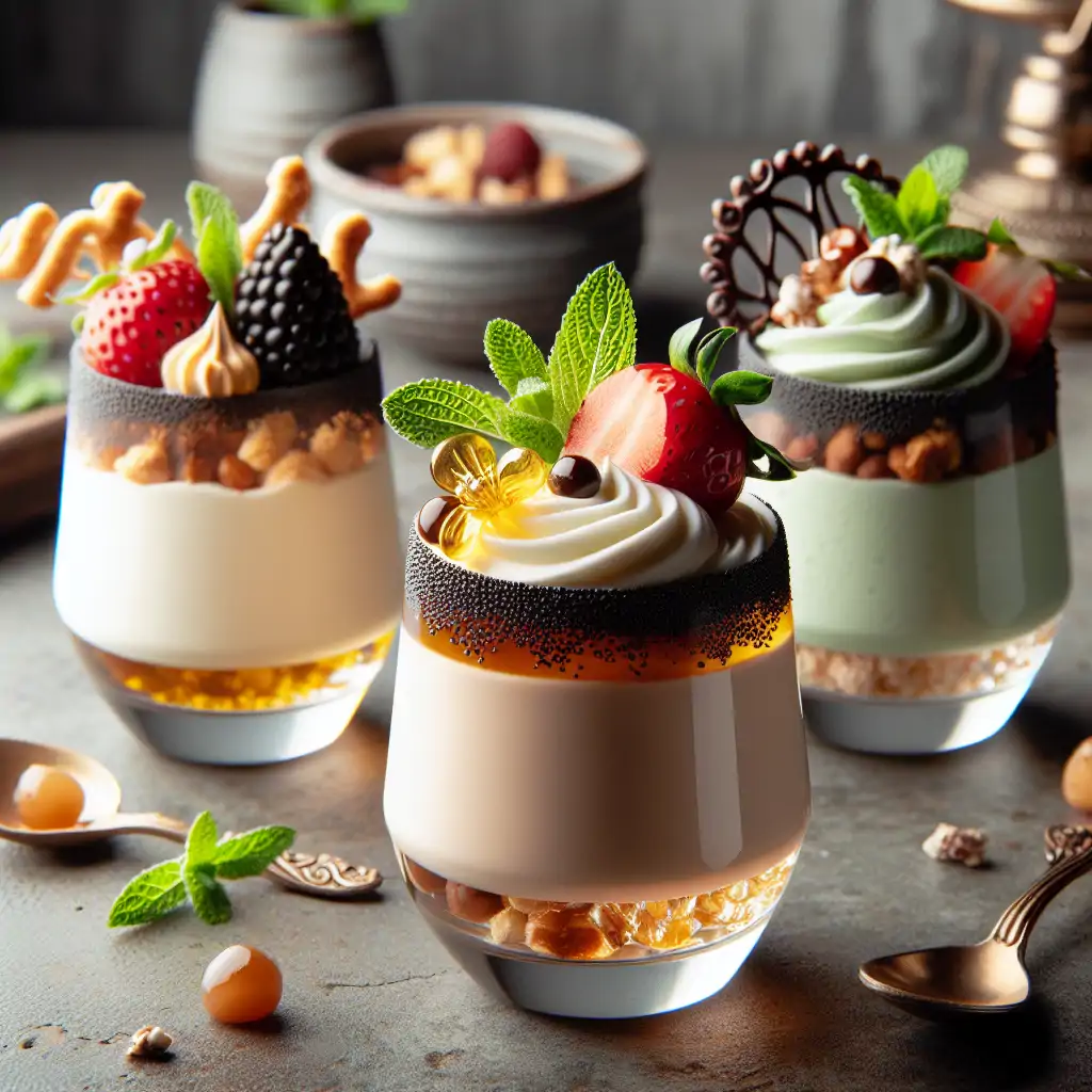 Variety of mousse flavors artistically presented in chic glassware with modern garnishes.