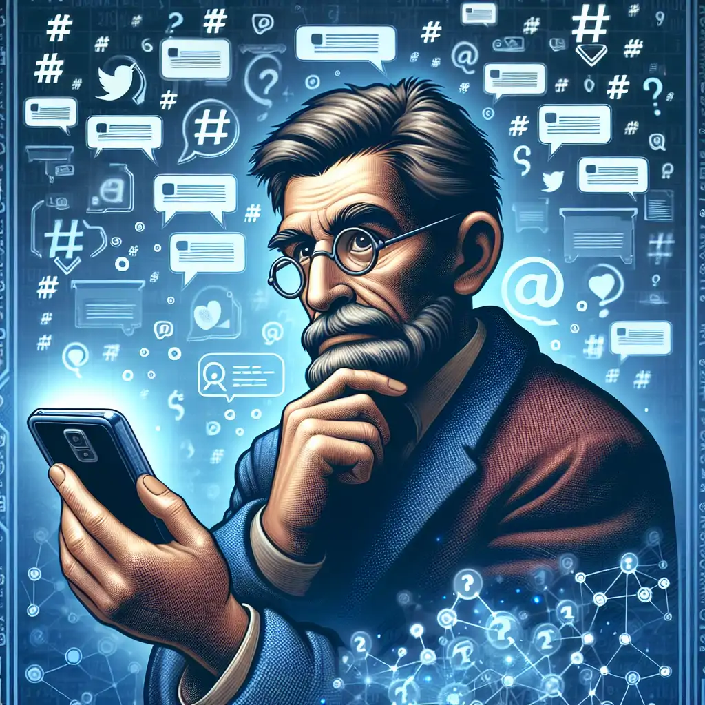 A whimsical illustration of Martin Heidegger holding a smartphone, seemingly tweeting deep philosophical thoughts, in a modern digital background filled with hashtags and notifications.