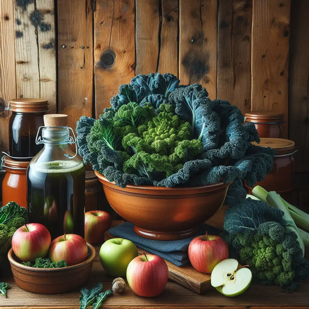 A vibrant display of cavolo nero and apples ready for fermentation, set against a rustic wooden kitchen backdrop