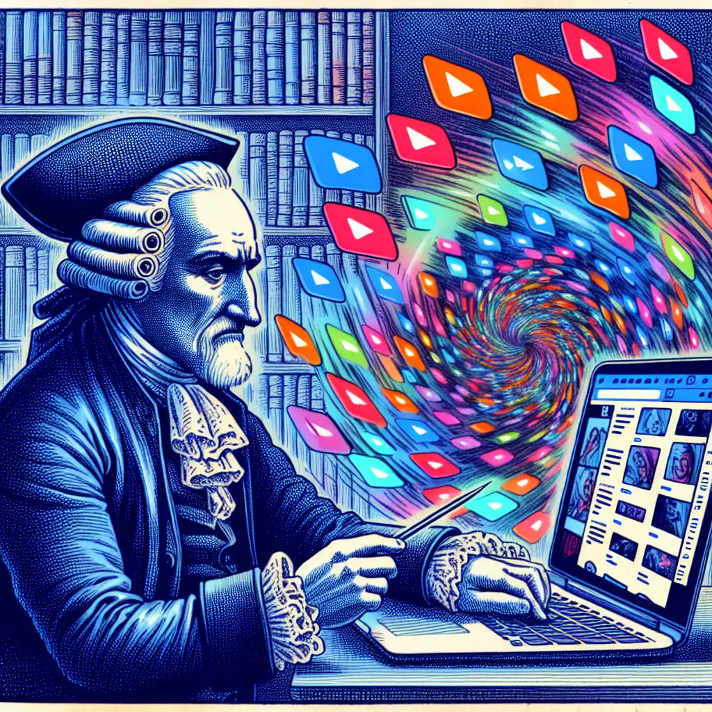 A humorous illustration of David Hume browsing through a laptop filled with colorful YouTube thumbnails.