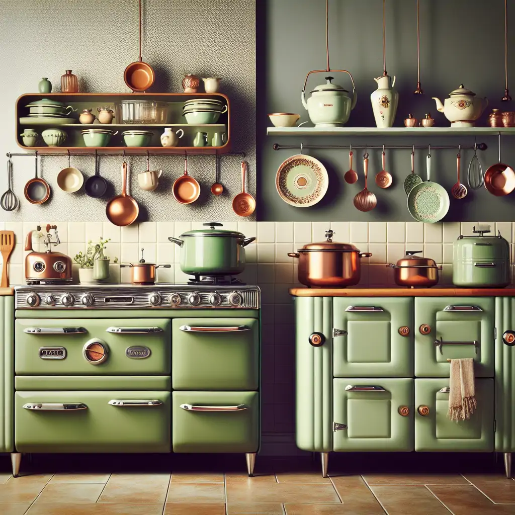 A retro-themed kitchen with 1970s decor, featuring classic avocado green gadgets.