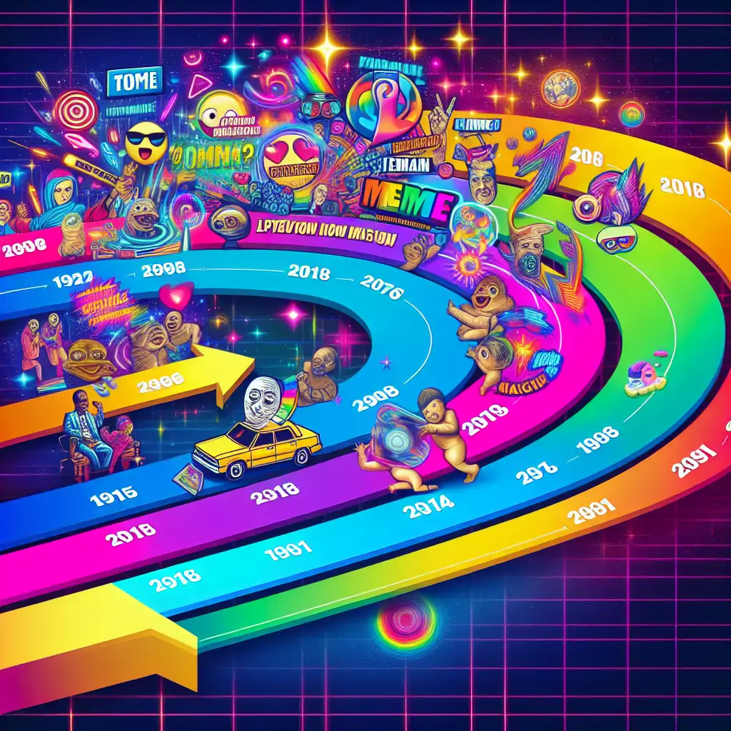 A vibrant timeline showing the evolution of memes in marketing through various brands