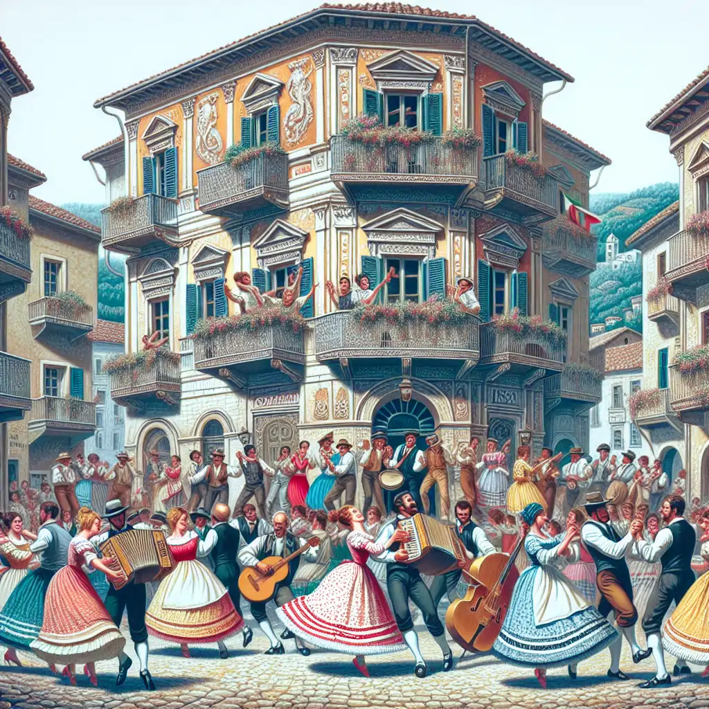 A painting or illustration depicting a lively Tarantella dance scene in a village square, with musicians and dancers engaged in merriment.