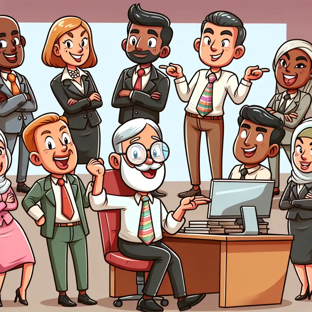 A humorous cartoon of an office setting with a boss and employees, highlighting exaggerated dynamics.