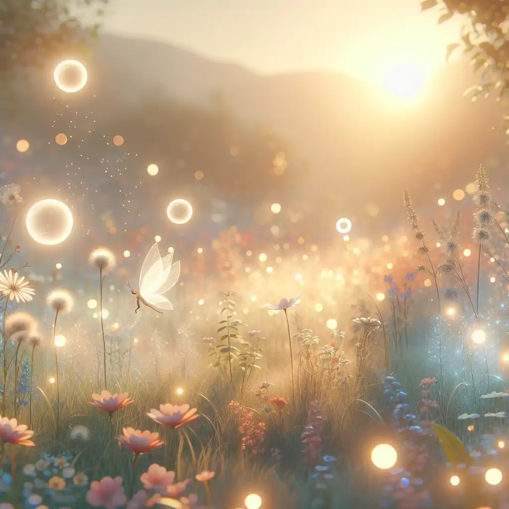 A sunset scene of a quiet meadow where mysterious light orbs suggest the playful presence of pixies, inviting dreams of imagination.