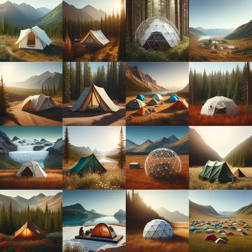 An array of different types of tents set up in various wilderness terrains.