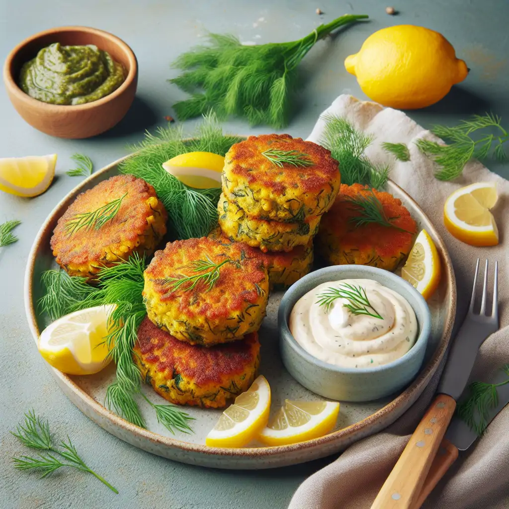 A vibrant image of golden-brown Vegan Dill and Seaweed Cakes served with a side of vegan aioli, garnished with dill sprigs and lemon wedges.