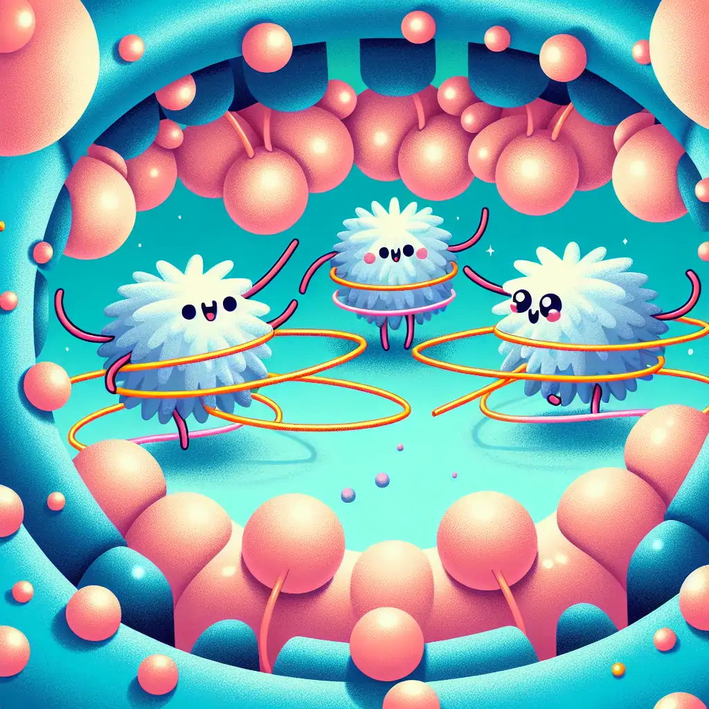 A whimsical illustration of particles dancing with hula hoops in a subatomic setting.