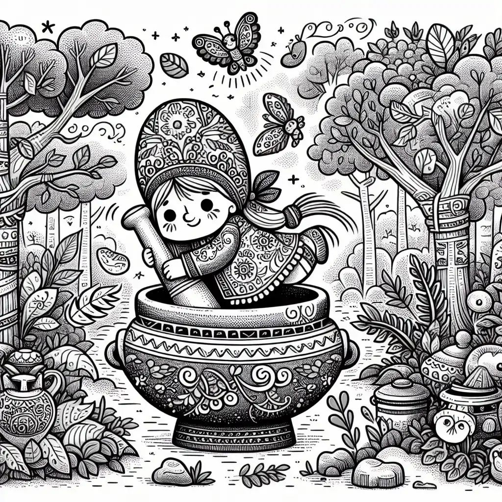 An intricate illustration showcasing Baba Yaga in her flying mortar, navigating through the enchanted forest.