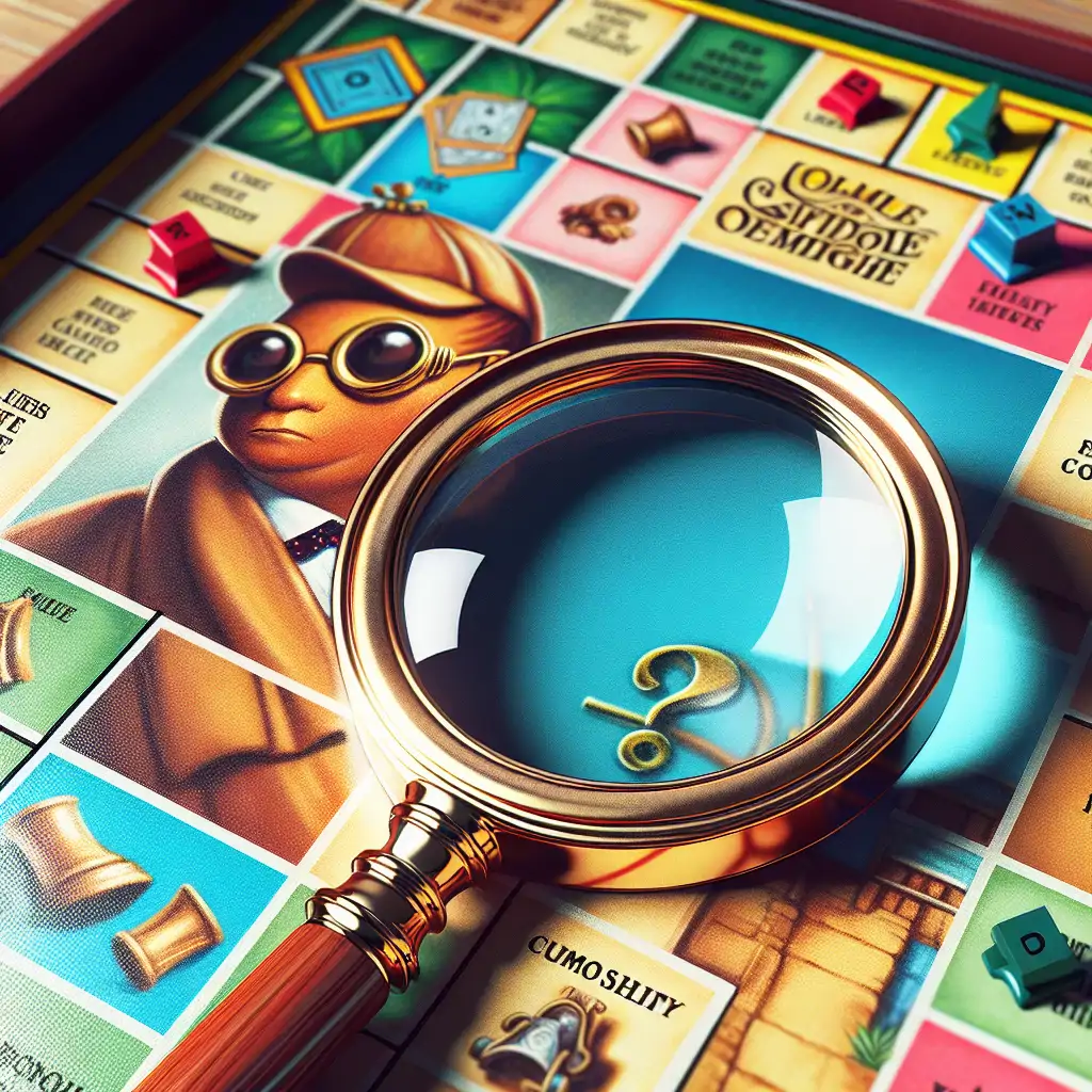 A magnifying glass over a Clue game board, symbolizing detective work