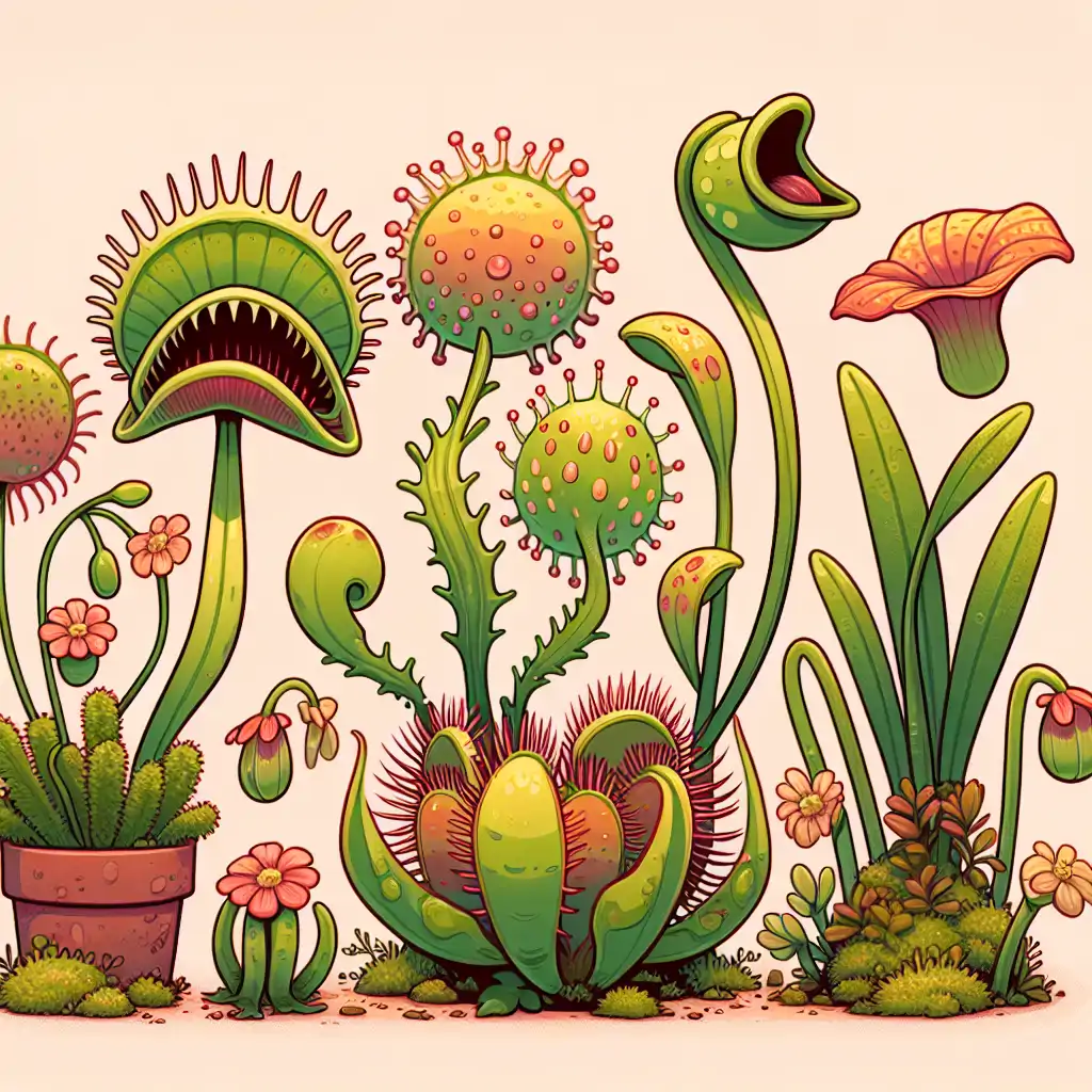 A variety of carnivorous plants, including a Venus Flytrap, a Sundew, and a Pitcher Plant, thriving in a garden setting.