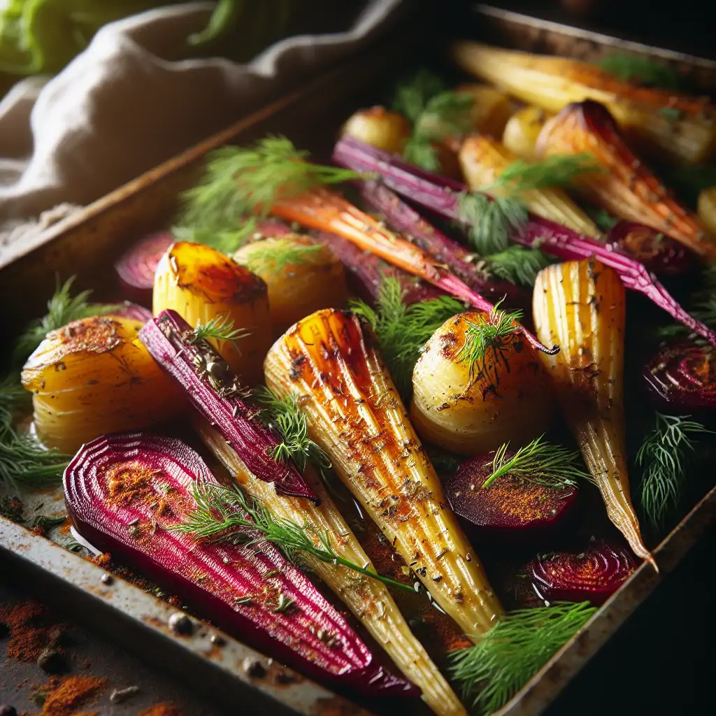 Close-up of roasted parsnips and beets on a baking tray, sprinkled with Nordic spices and fresh dill.