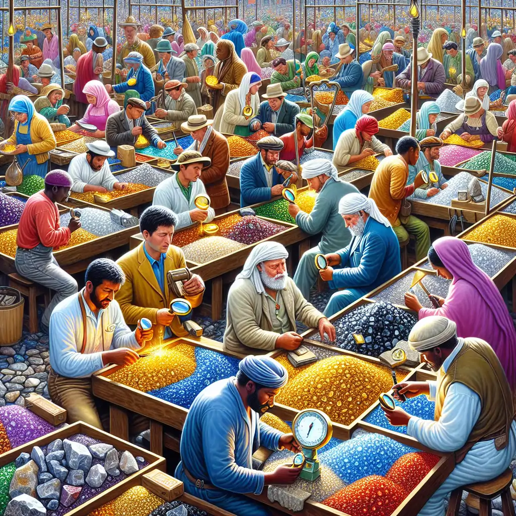 A colorful image of the bustling artisanal mining market, with gold transactions happening at various stalls, miners inspecting nuggets, and traders haggling over prices.