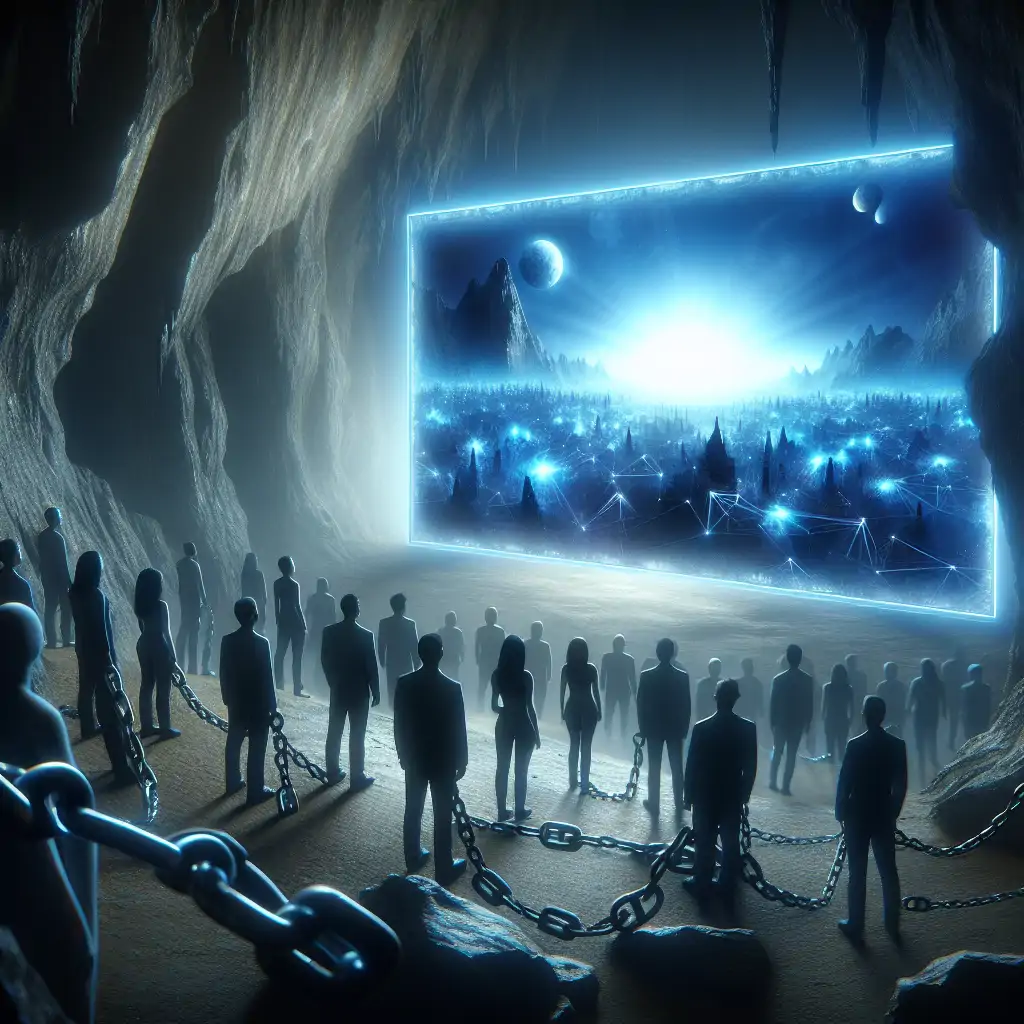 A surreal image of people chained in a dark cave, gazing at a large screen on the wall displaying a Netflix interface.