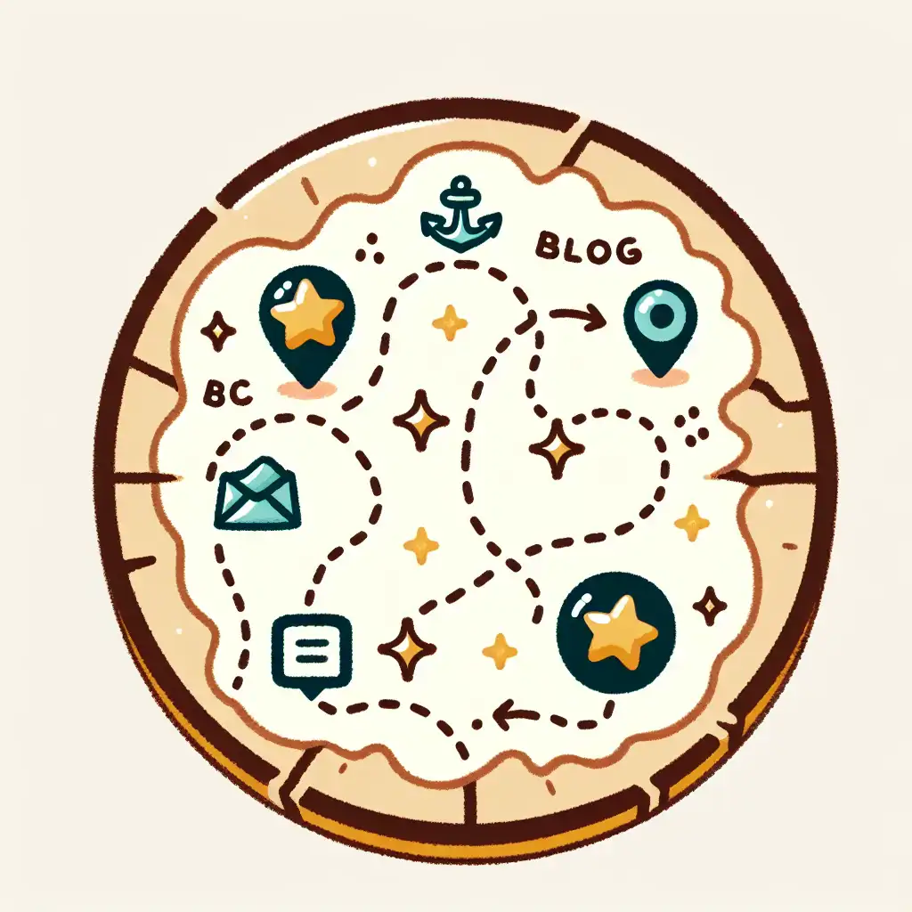 An illustration of a treasure map with highlighted blog locations and adventurous path markers.