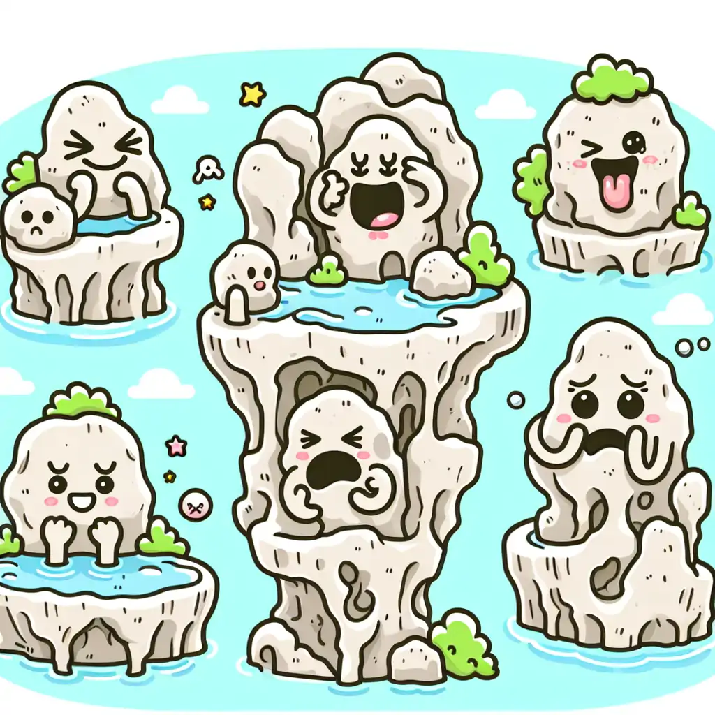 A humorous depiction of limestone formations with human-like features