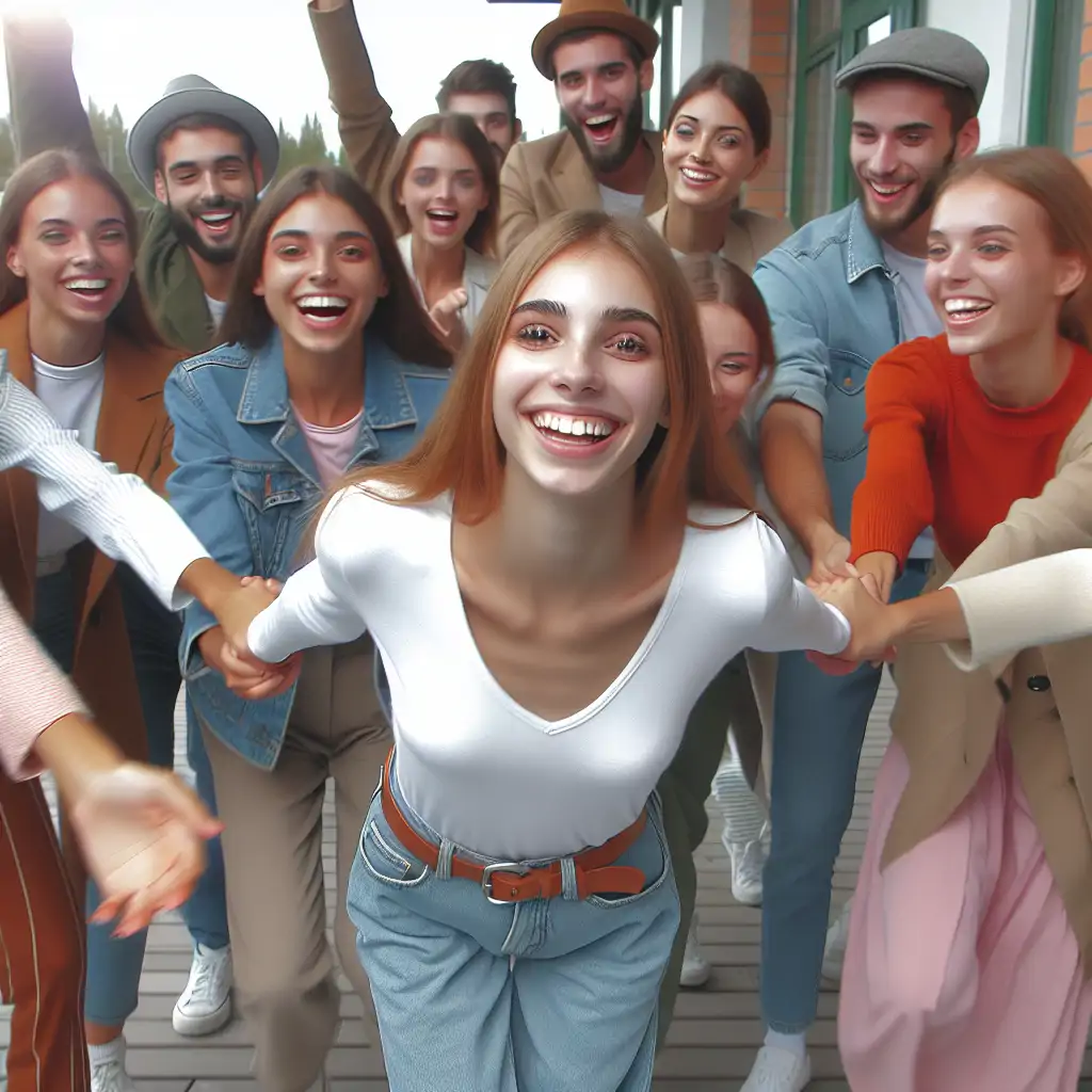 Eloise joyfully leading an array of admirers in an impromptu parade, representing her vibrant spirit.