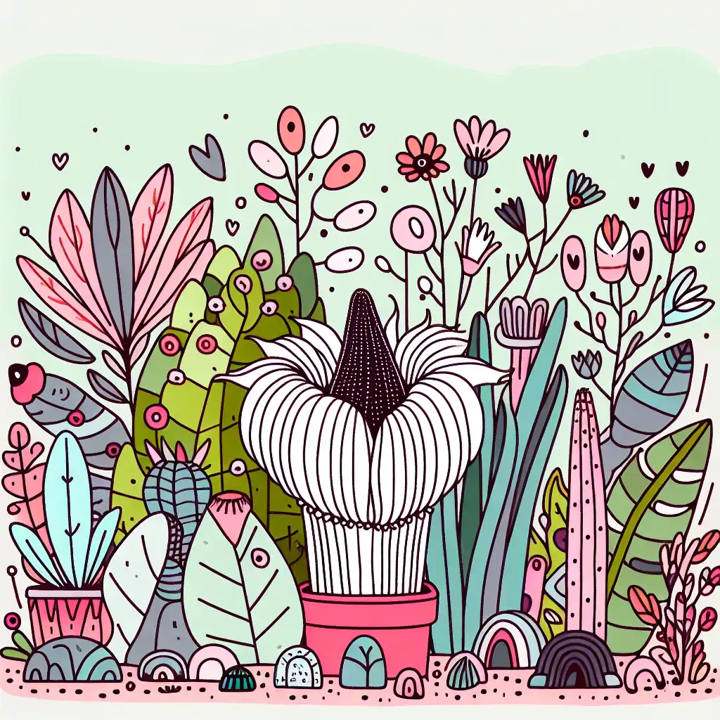 A whimsical illustration of a garden filled with eclectic plants, featuring a blooming Corpse Flower as the centerpiece.