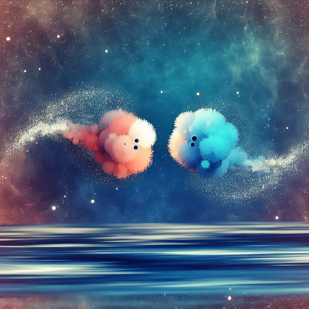 Artistic representation of entangled particles dancing across space, symbolizing their interconnectedness despite large distances.