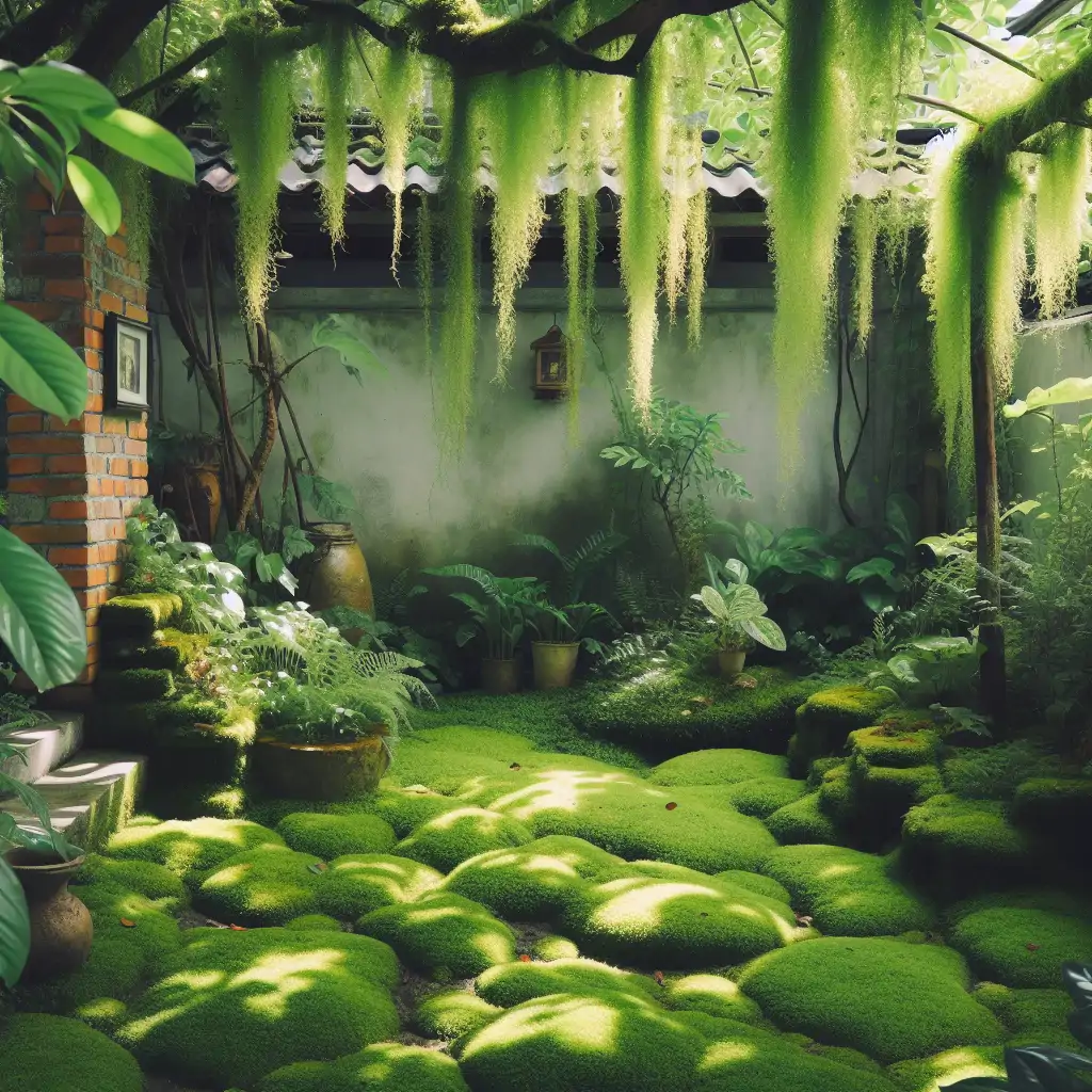 A serene garden scene with patches of moss illuminating a shaded corner, evoking tranquility.