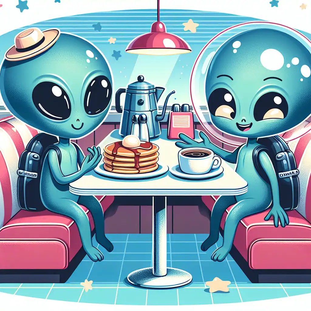 Aliens enjoying breakfast foods in a diner, with pancakes, coffee, and humorous extraterrestrial interaction.
