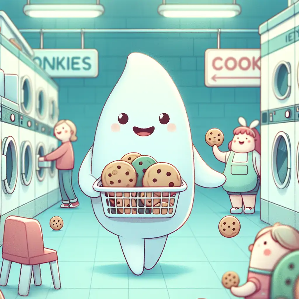 A whimsical photo of Clarence at a bustling laundromat, sharing cookies with patrons.