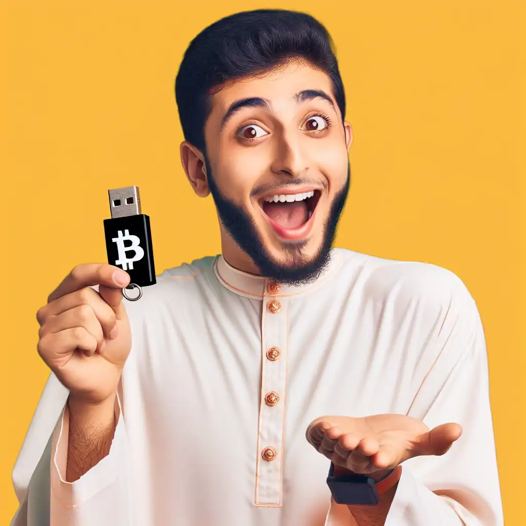 A person holding a USB stick with a Bitcoin symbol, looking surprised and happy.