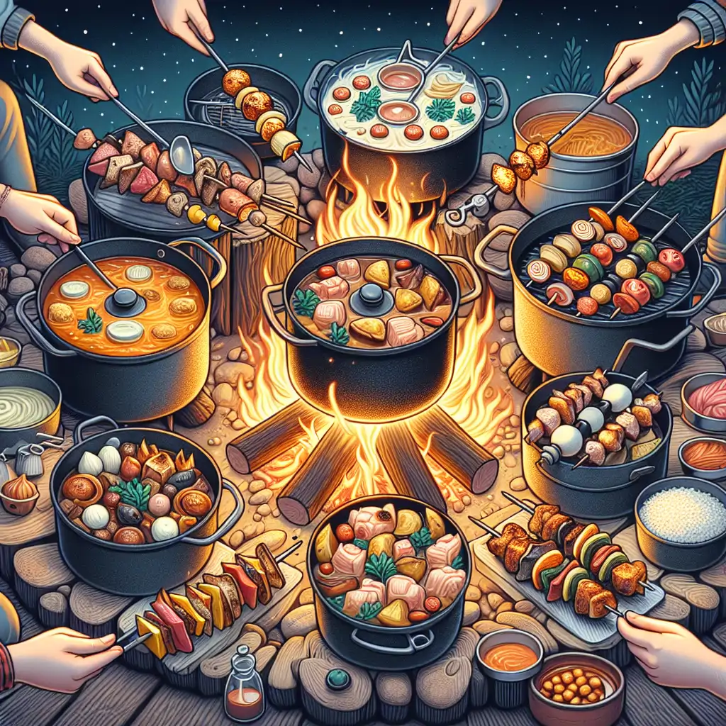 A variety of gourmet campfire dishes being prepared around a campfire.
