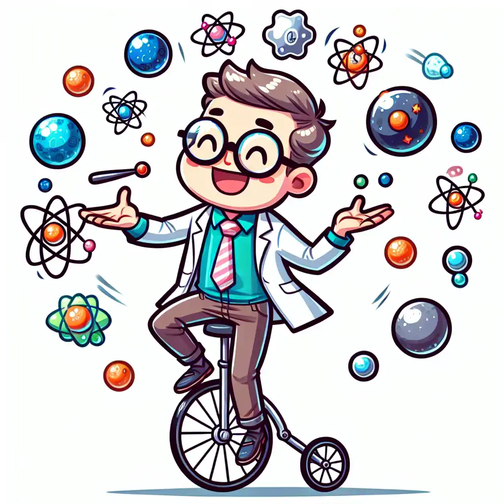 A cartoon of a scientist juggling various particles while riding a unicycle.