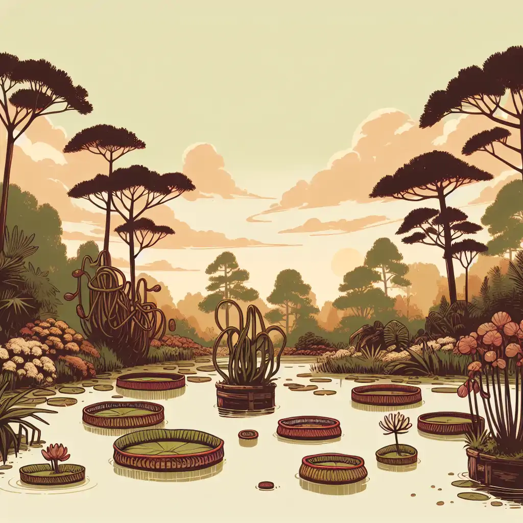 Closing shot of a serene garden pond with aquatic carnivorous plants