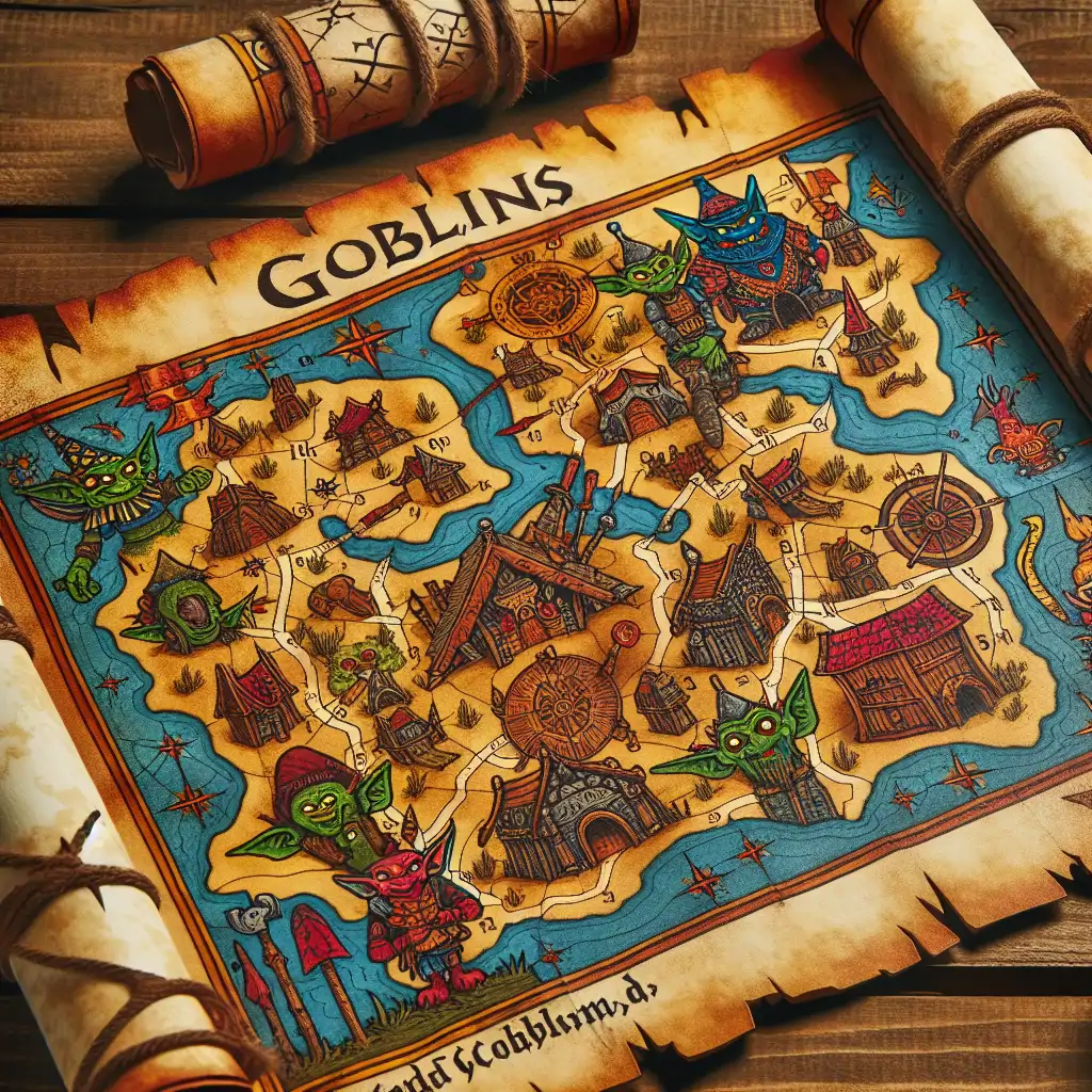 A medieval styled map marking various goblin inhabited locations, filled with colorful and quirky illustrations.