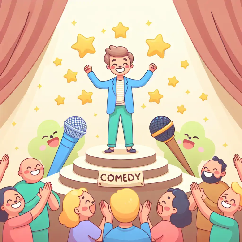 A victorious individual standing atop a stage with comedy props, receiving applause from a diverse audience.