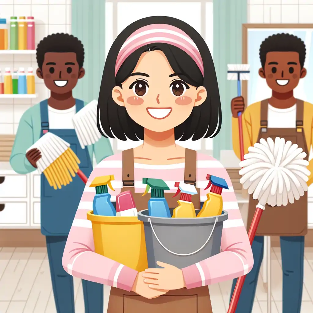 A cheerful person holding cleaning supplies, ready for cleaning tasks.