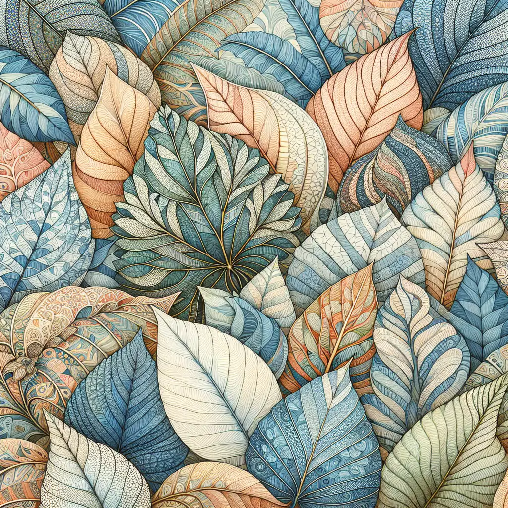 A diverse selection of giant and artistically patterned leaves, composing a tapestry of textures and colors.