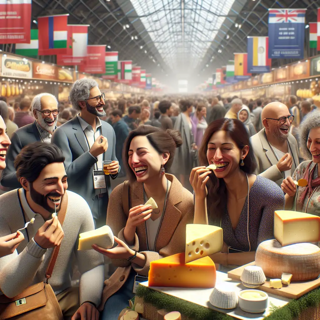 A group of festival-goers happily sampling various cheeses at a well-decorated cheese fair.