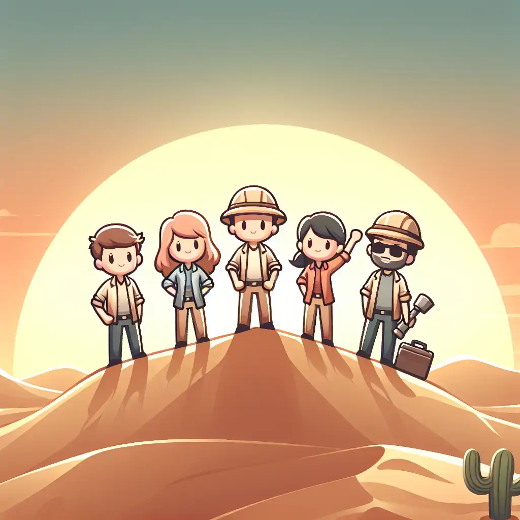A group of geologists, silhouetted against the setting sun, standing triumphantly atop a sand dune.