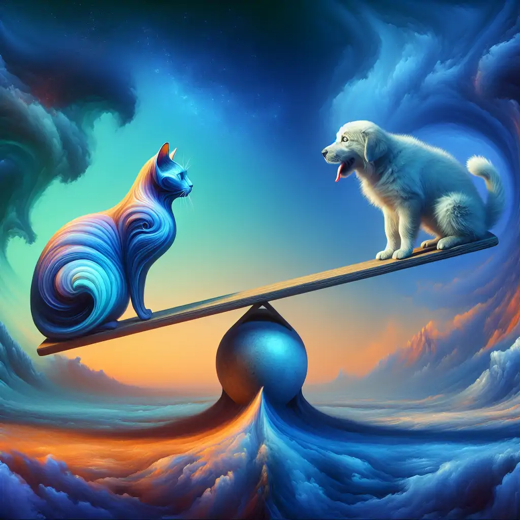 An artistic rendering of Schrodinger's Cat and Pavlov's Dog together, sitting on either side of a see-saw, perfectly balanced as all things should be.