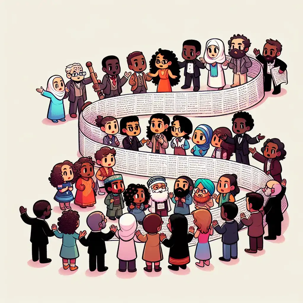 A whimsical illustration of historians debating over a seemingly endless timeline.