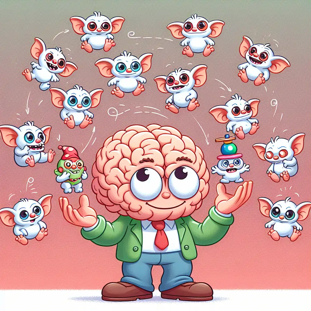 A whimsical cartoon of a brain juggling different implicit biases represented by small gremlins.