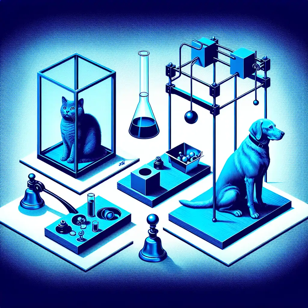 A diagram showing the experiment setups for both Schrodinger’s Cat (box with a cat and poison vial) and Pavlov’s Dog (dog, bell, and food tray).