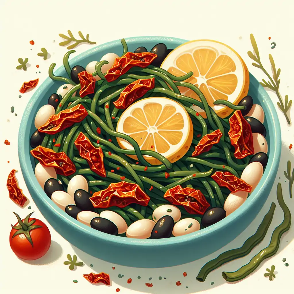 A vibrant bowl of seaweed and bean salad, garnished with sun-dried tomatoes and lemon slices.