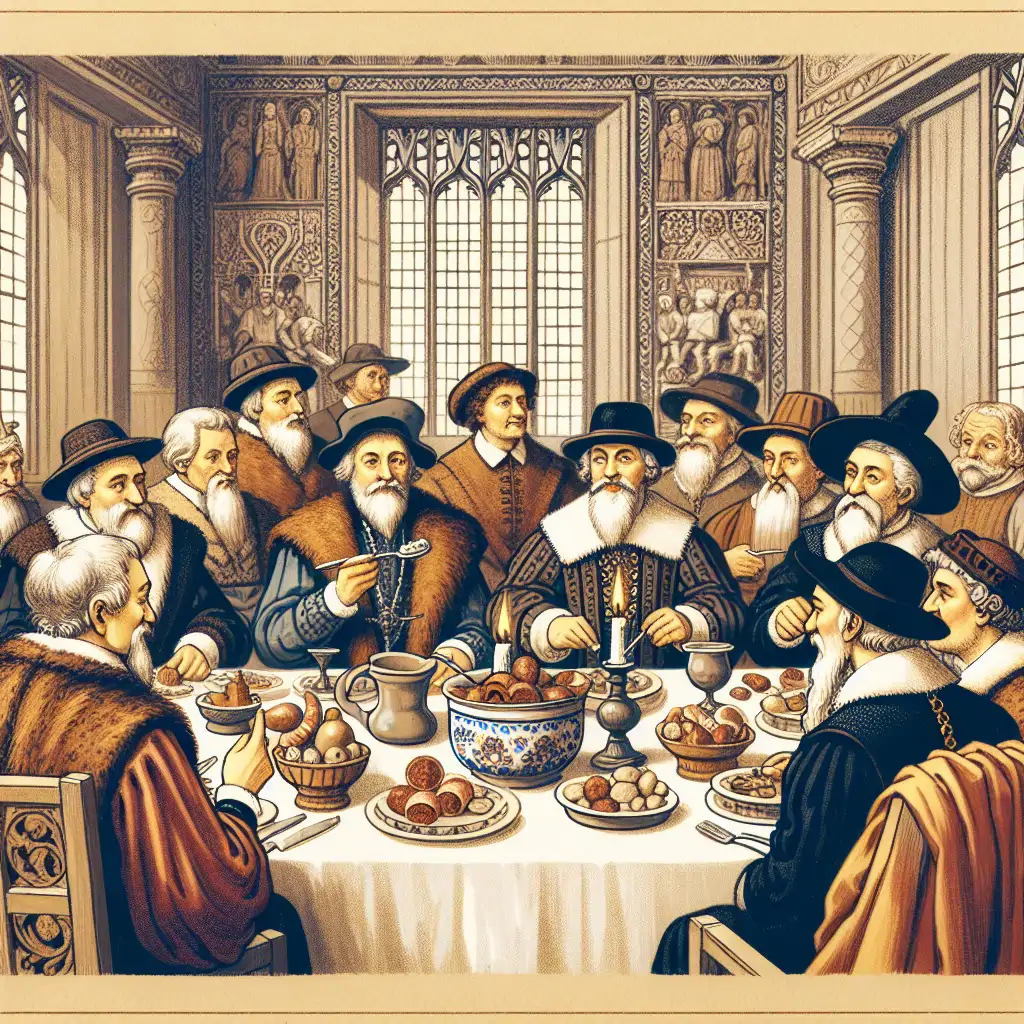 An artistic rendering of Ulrich Zwingli with followers enjoying a meal during the Affair of the Sausages.