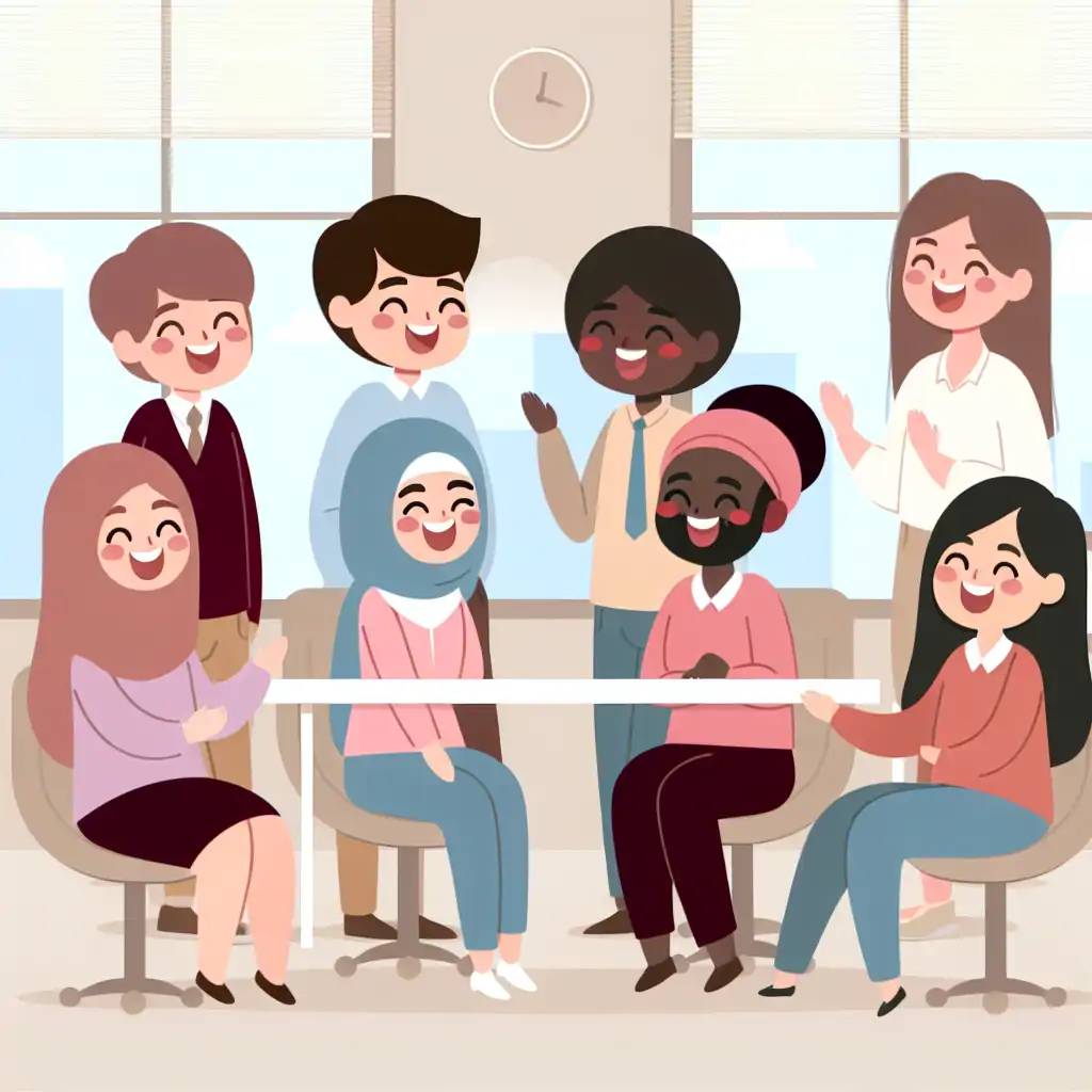 An uplifting photo of a diverse group of employees sharing a laugh in the office.