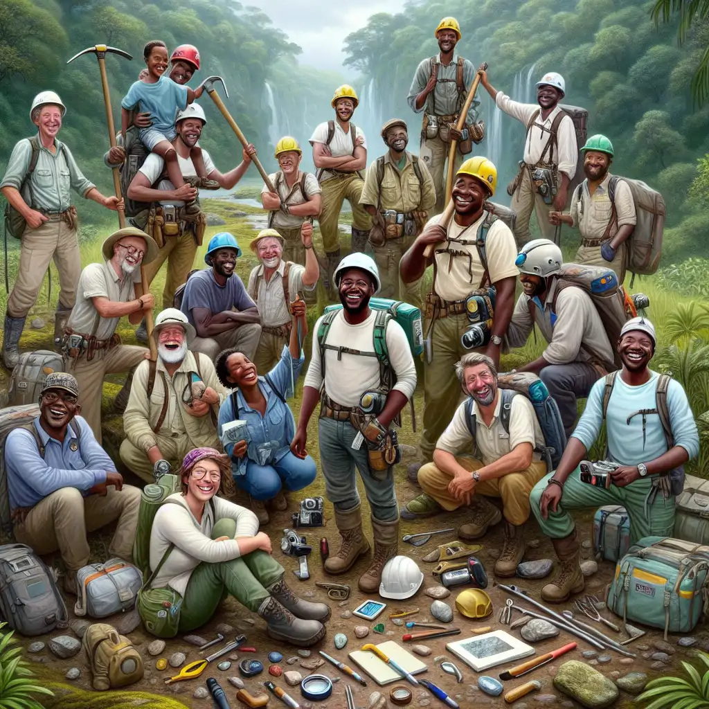 An image capturing geologists sharing a hearty laugh as they pack up from a successful exploration day in Gabon’s greenstone belts.