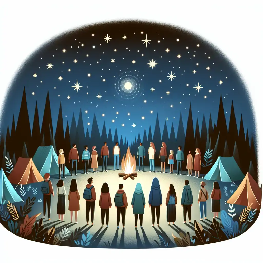 A serene camping scene, participants standing in awe under a captivating, star-filled sky.