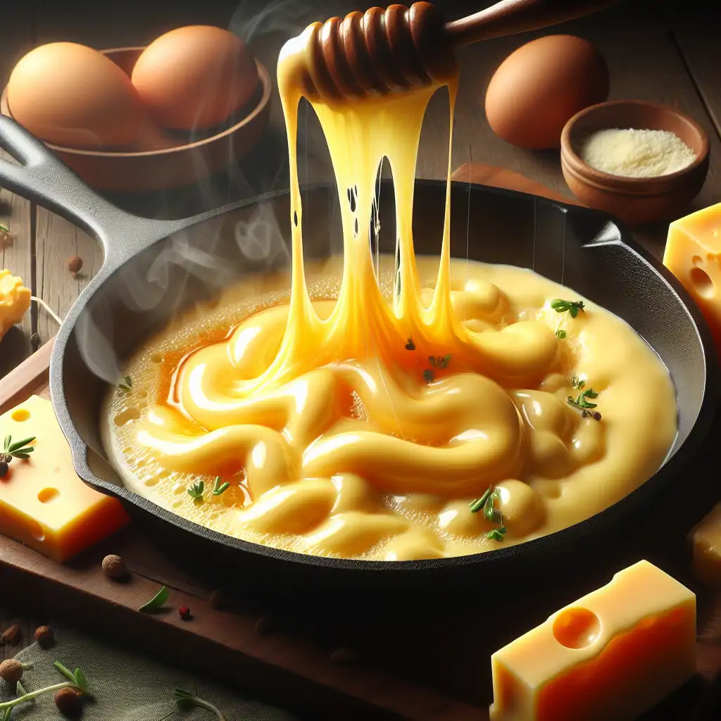 A high-resolution photo of various cheeses melting in a skillet, showcasing strings of gooey cheese stretching amongst sizzling bubbles.