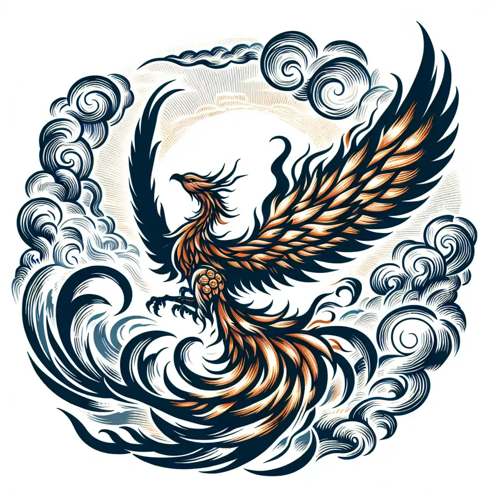 A majestic Phoenix, depicted mid-flight, trailing flames and symbolizing rejuvenation and strength.
