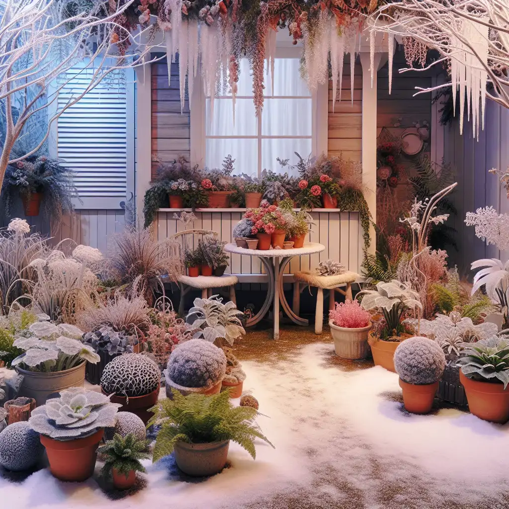 A cozy garden scene featuring frost-hardy plants flourishing in winter.