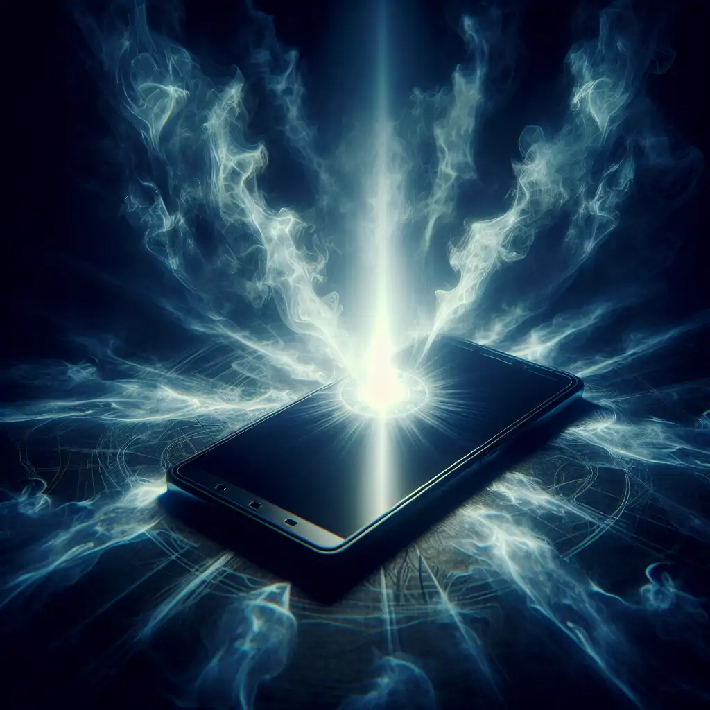 A smartphone glowing in the dark, exuding an eerie, supernatural aura.